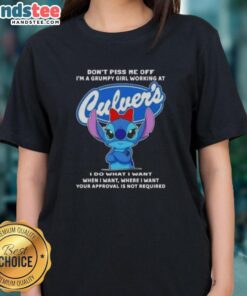 Grumpy girl in a 'Don't Piss Me Off' tee at Culver's, showcasing official Stitch design for ladies.