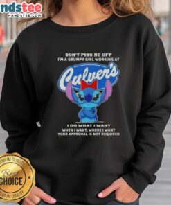 Alt Text: Grumpy girl sweatshirt design: 'Don't Piss Me Off I'm a Grumpy Girl Working at Culvers' with playful graphics.