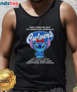 Grumpy girl in a tank top with 'Don't Piss Me Off, I'm a Grumpy Girl Working at Culver's' graphic design.