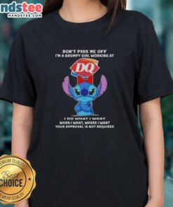 Grumpy girl at Dairy Queen wearing Official Stitch tee that says 'Don't Piss Me Off' - perfect for fun casual wear.