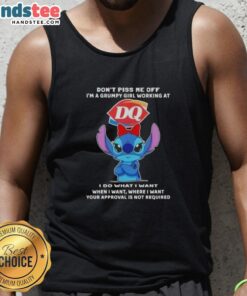 Grumpy girl wearing an Official Stitch tank top at Dairy Queen, showcasing fun attitude and playful style.