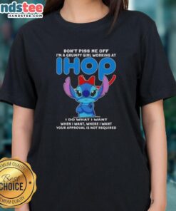 Alt Text: Grumpy girl in an IHOP uniform wearing a Don't Piss Me Off tee, showcasing the Official Stitch design for ladies.