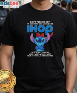 Grumpy girl graphic t-shirt featuring Stitch with 'Don't Piss Me Off' text, perfect for IHOP workers and fans.