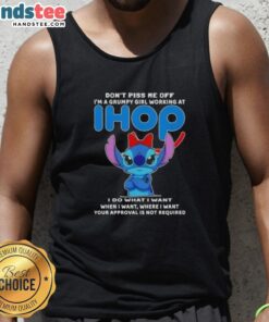 Grumpy girl in an IHOP tank top with 'Don't Piss Me Off' graphic, showcasing a fun and sassy attitude.