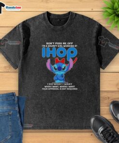 Alt Text: Grumpy girl wearing an Official Stitch t-shirt at IHOP, showcasing her playful attitude and love for Disney.