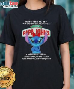 Alt Text: Grumpy girl in a Papa John's ladies tee with 'Don't Piss Me Off' slogan, showcasing a fun pizza-themed attitude.