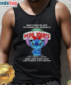 Alt Text: Grumpy girl wearing a 'Don't Piss Me Off' tank top at Pizza Papa John's, showcasing her fun personality and style.