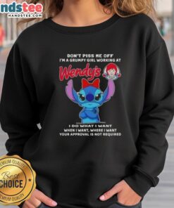 Grumpy girl wearing an Official Stitch sweatshirt at Wendy's, showcasing a fun and sassy attitude with a humorous quote.