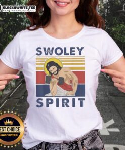 Vintage ladies tee featuring 'Official Swoley Spirit Weightlifting Jesus' design for fitness enthusiasts.
