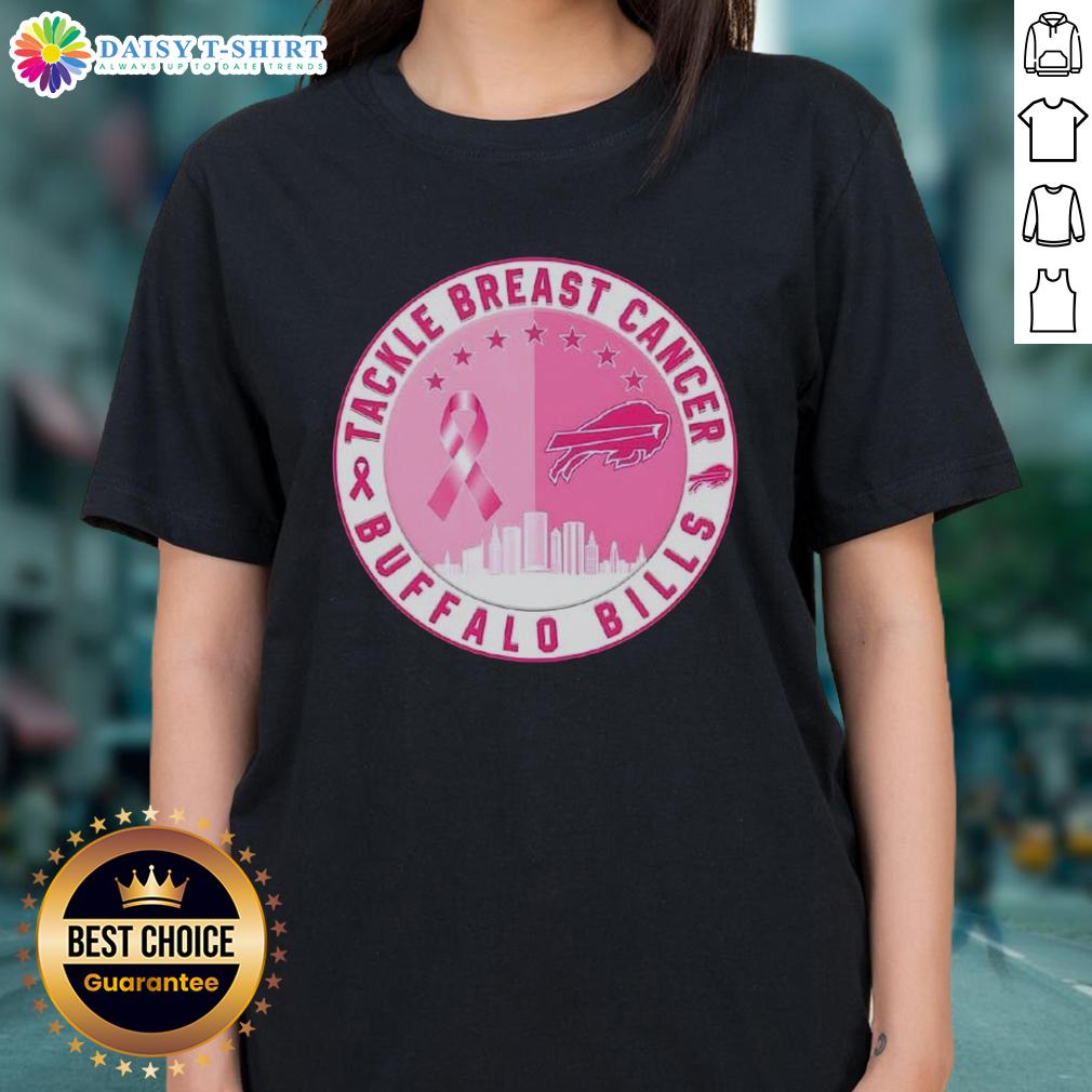 Official Tackle Breast Cancer Buffalo Bills Football Skyline Ladies Tee Buffalo Bills skyline ladies tee supporting Breast Cancer awareness with official tackle design.