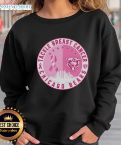 Alt Text: Chicago Bears skyline sweatshirt supporting breast cancer awareness with official tackle logo in vibrant colors.