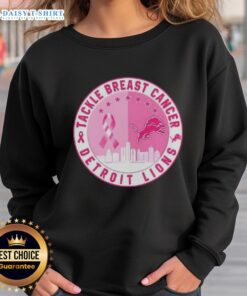 Official Tackle Breast Cancer Detroit Lions Football skyline sweatshirt featuring team colors and logo.
