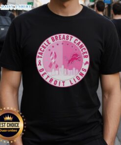 Official Tackle Breast Cancer Detroit Lions Football Skyline T-Shirt featuring a vibrant city skyline and team logo.
