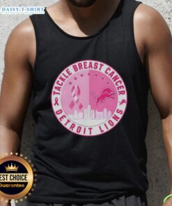 Official Tackle Breast Cancer Detroit Lions football skyline tank top featuring vibrant cityscape and team logo design.