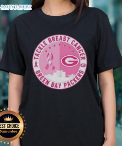 Official Tackle Breast Cancer Green Bay Packers football skyline ladies tee featuring team colors and logo design.