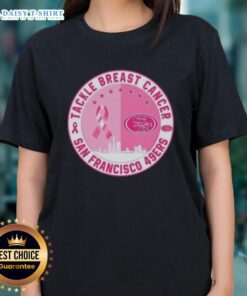 Official Tackle Breast Cancer San Francisco 49ers football skyline ladies tee featuring vibrant team colors and logo.