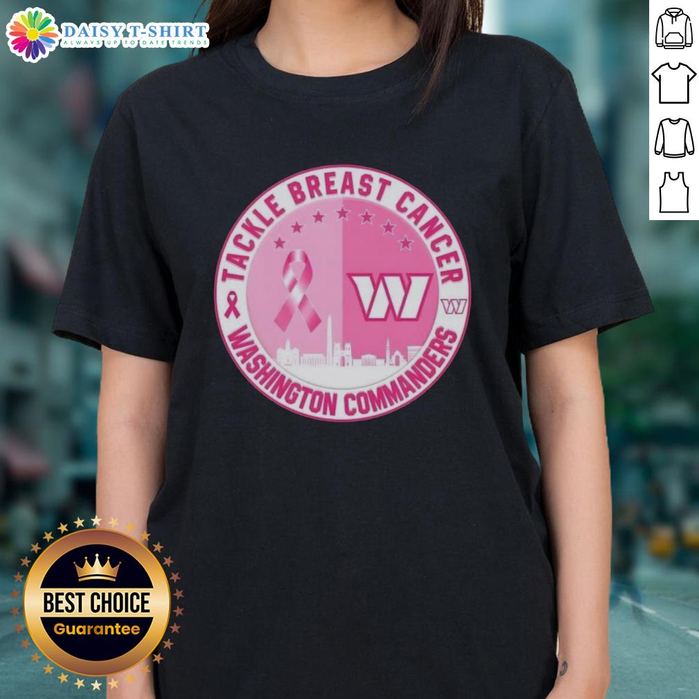 Official Tackle Breast Cancer Washington Commanders Football Skyline Ladies Tee Official Tackle Breast Cancer Washington Commanders Football Skyline Ladies Tee in pink, promoting breast cancer awareness.
