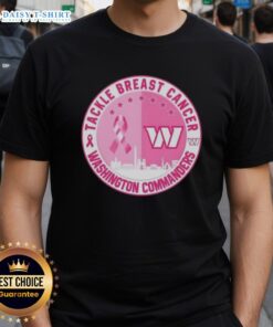 Official Tackle Breast Cancer Washington Commanders Football Skyline T-Shirt featuring team colors and skyline design.