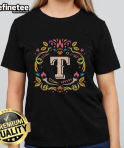 Official Texas Rangers Dia de los Muertos MLB Celebration Ladies Tee featuring vibrant designs for festive fans.