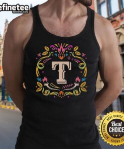 Alt Text: Texas Rangers Dia de los Muertos tank top celebrating MLB culture with vibrant colors and festive design.