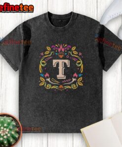 Official Texas Rangers Dia de los Muertos MLB celebration washed t-shirt featuring vibrant graphics and festive design.