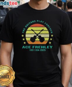 Alt Text: Official The Guitars Play Forever Ace Frehley 1951 USA 2025 Music T-Shirt featuring vibrant rock-inspired design.