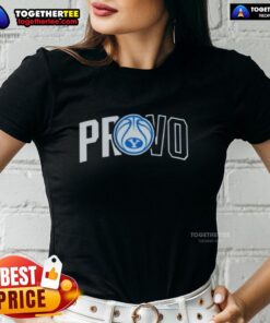 Alt Text: Official BYU Cougars basketball logo on a stylish ladies tee, perfect for fans of Provo's top team.