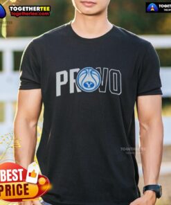 Alt Text: Official Top Provo BYU Cougars basketball logo t-shirt featuring the iconic blue and white team colors.