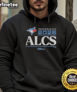 Alt Text: Official Toronto Blue Jays 2025 Division Series Winner locker room hoodie displayed on a hanger, showcasing team colors.