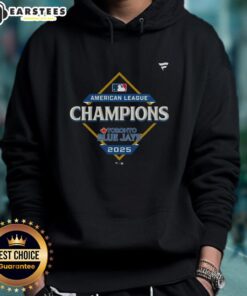 Alt Text: Official Toronto Blue Jays 2025 MLB American League Champions locker room hoodie displayed on a hanger.
