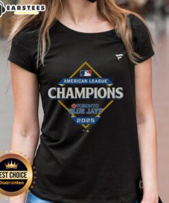 Official Toronto Blue Jays 2025 MLB American League Champions locker room ladies tee featuring team logo and colors.