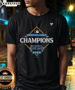 Alt Text: Official Toronto Blue Jays 2025 MLB American League Champions locker room t-shirt featuring team logo and championship design.
