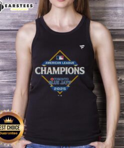 Alt Text: Official Toronto Blue Jays 2025 MLB American League Champions locker room tank top displayed on a hanger.