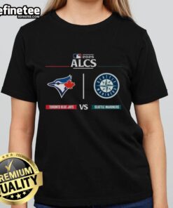 Official Toronto Blue Jays vs Seattle Mariners 2025 ALCS Matchup MLB Postseason Game Day Ladies Tee displayed on a hanger.
