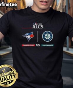 Official Toronto Blue Jays vs Seattle Mariners 2025 ALCS matchup MLB postseason game day T-shirt design featuring team logos.