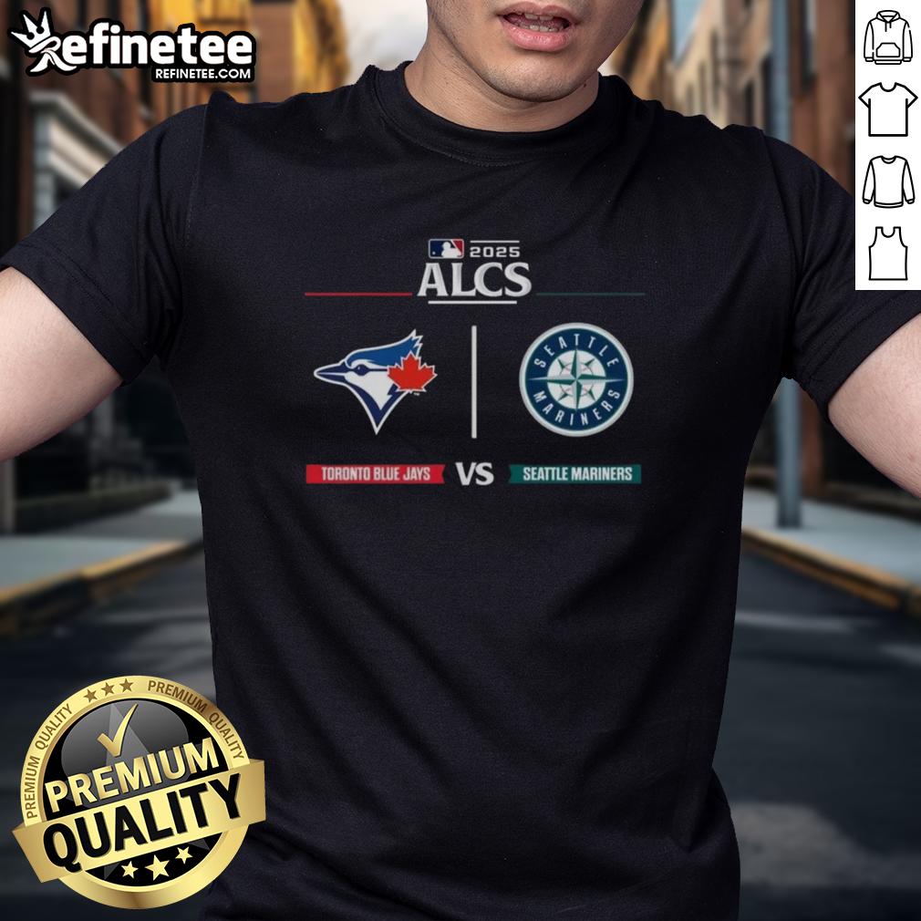 official-toronto-blue-jays-vs-seattle-mariner-2025-alcs-matchup-mlb-postseason-game-day-t-shirt Official Toronto Blue Jays vs Seattle Mariners 2025 ALCS matchup MLB postseason game day T-shirt design featuring team logos.