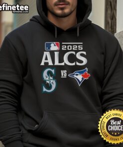 Official Toronto Blue Jays vs Seattle Mariners 2025 ALCS baseball matchup hoodie featuring team logos and vibrant colors.