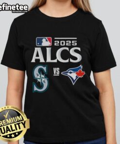 Official Toronto Blue Jays vs Seattle Mariners 2025 ALCS Baseball Matchup Ladies Tee showcasing team logos and vibrant colors.