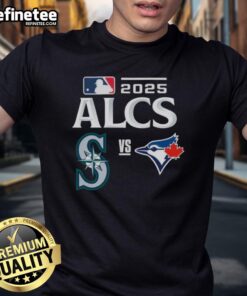 Official Toronto Blue Jays vs Seattle Mariners 2025 ALCS Baseball matchup T-Shirt featuring team logos and vibrant design.