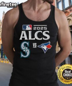 Official Toronto Blue Jays vs Seattle Mariners 2025 ALCS baseball matchup tank top featuring team logos and vibrant design.