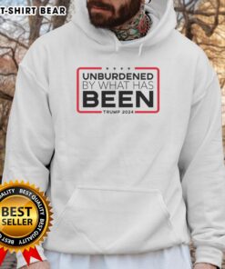 Official Unburdened By What Has Been Trump 2024 Hoodie in black, showcasing bold graphic design and vibrant colors.