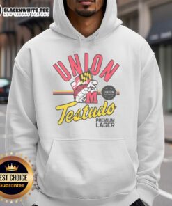 Official Union Craft Brewing Maryland Terrapins Testudo Premium Lager Hoodie in red with logo, perfect for fans.