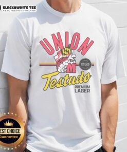Official Union Craft Brewing & Maryland Terrapins Testudo Premium Lager T-Shirt featuring vibrant team colors and logo.