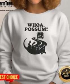 Official Whoa Possum Sweatshirt featuring a playful possum graphic and cozy design, perfect for casual outings.