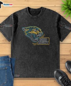 Alt Text: Original Bud Light Jacksonville Jaguars washed t-shirt featuring team logo and vintage design in vibrant colors.
