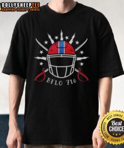 Alt Text: Original Buffalo Bills 716 Helmets And Swords T-Shirt featuring a bold graphic design with team colors and logo.