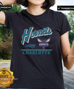 Alt Text: Vintage ladies tee featuring the Original Charlotte Hornets Fly By design, perfect for fans and collectors.