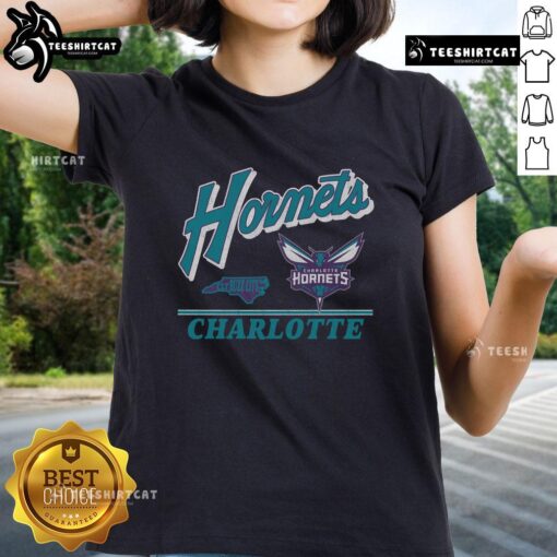 Alt Text: Vintage ladies tee featuring the Original Charlotte Hornets Fly By design, perfect for fans and collectors.