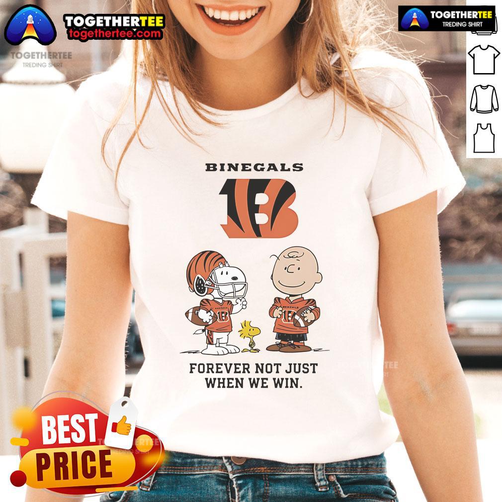 Original Cincinnati Bengals Charlie Brown Snoopy Bengals Forever Not Just When We Win Ladies-Tee Alt Text: Original Cincinnati Bengals Charlie Brown Snoopy tee featuring Bengals Forever, Not Just When We Win slogan.
