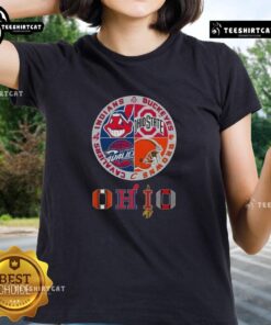 Original Cleveland Guardians X Ohio State Buckeyes and Cleveland Cavaliers X Cleveland Browns ladies tee design.